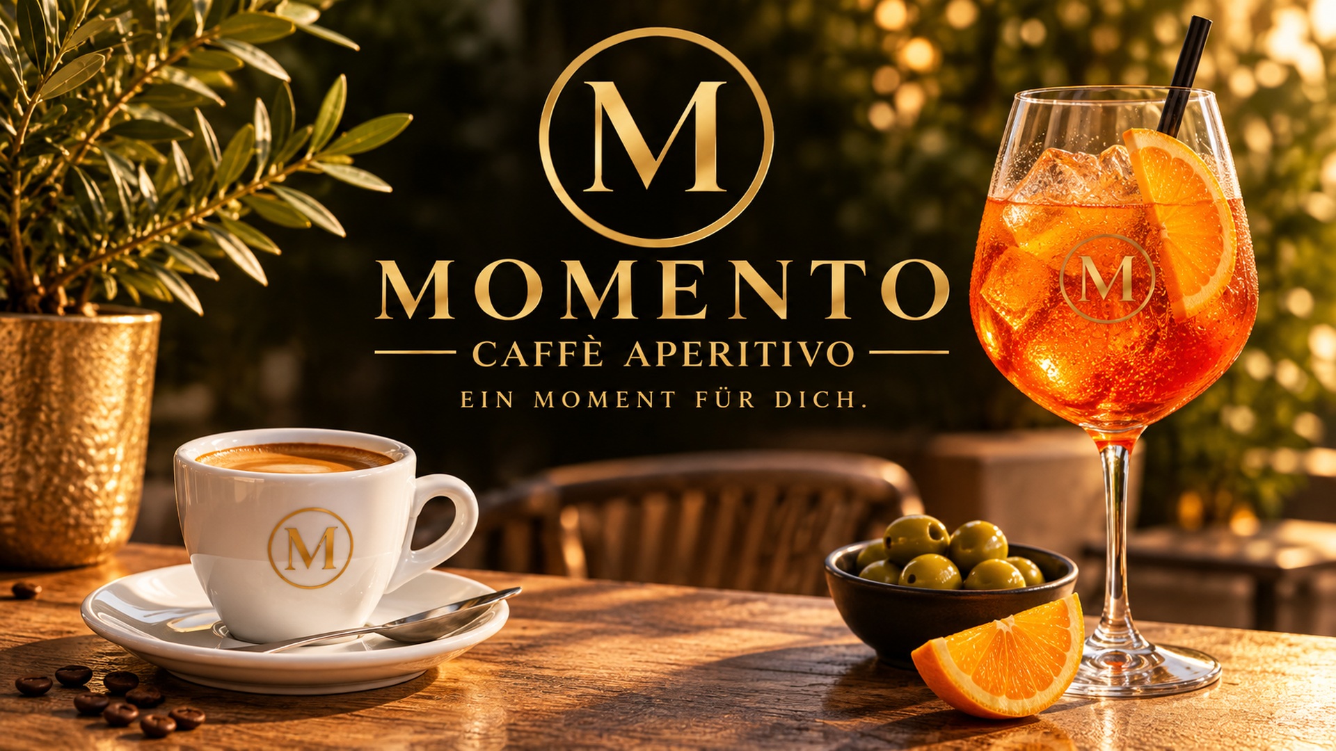 Momento Caffè Aperitivo – Espresso und Aperol Spritz auf einem Holztisch